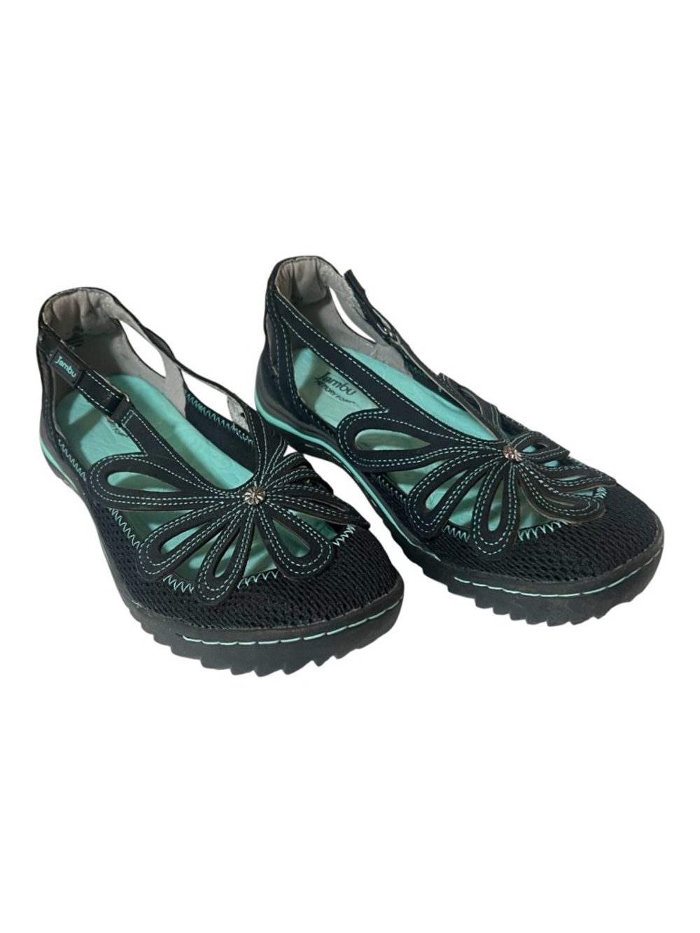 NWOT Jambu J Sport Daisy Toe Flats,  Women's Black & Teal Floral Cutout 10M - Picture 5 of 13